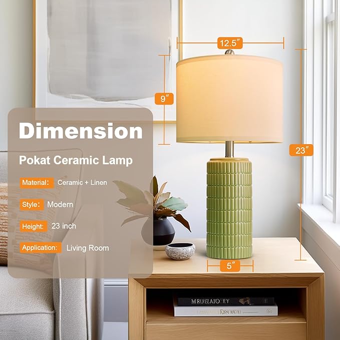 PoKat 23" Green Ceramic Table Lamps Set of 2, Farmhouse Table Lamps for Living Room, Modern Lamps for Bedroom Night Stands, Traditional Nightstand Desk Lamps, Medium - Bloomnest