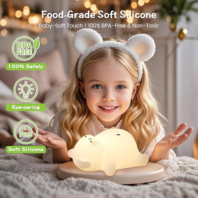 Sleepy Snoring Bear Night Light,Novelty Nursery Nightlight for Kids, Dimmable/Timer/Rechargeable USB-C, Food-Grade Silicone LED Squishy Animal Bedside Lamp,Funny Gifts for Boys Girls Baby,Room Decor - Bloomnest