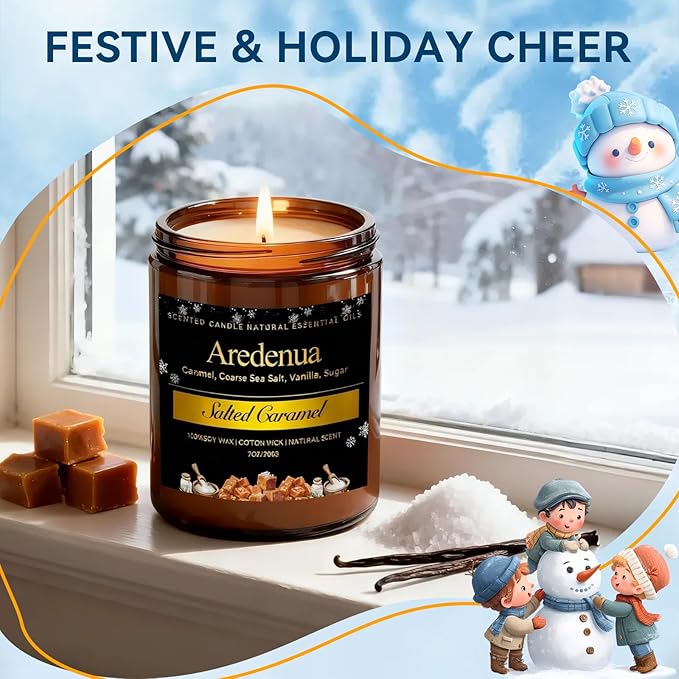 Winter Candles - Salted Caramel Candle | Cozy Holiday Scented Candles - 7oz Jar Soy Candle for Winter Home, Holiday & Christmas Gifts for Women Men - Bloomnest