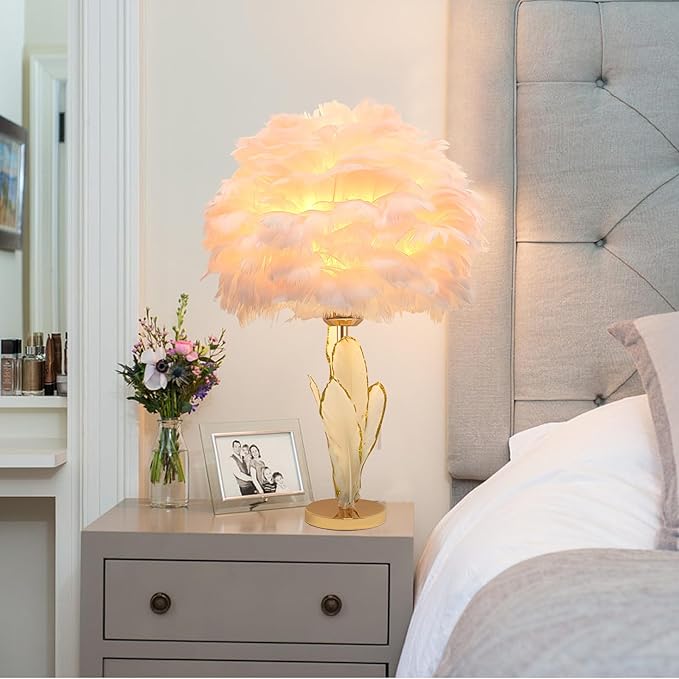 Pink Feather Lamp Goose Furry Table Lamp Princess Modern Fluffy Desk Lamp Simple Wedding Decor Romantic Bedside Night Light for Girl Bedroom Living Room Hotel - Bloomnest