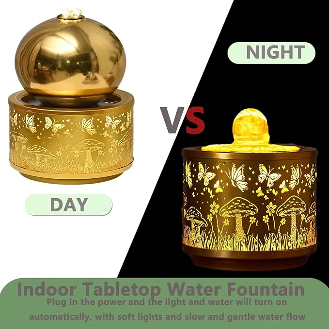 Indoor Water Fountain with Led Light - Tabletop Fountain with Real Stones - Compact Water Feature for Home, Office, Desk, Bedroom Decor Yellow - Bloomnest