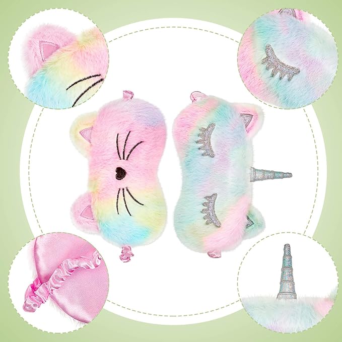 3 Pieces Sleep Mask for Kids, Girls Plush Sleeping Eye Cover Soft Eye Blindfold Cover Animal Shade for Kids(Rainbow Color,Bunny, Cat and Unicorn Style) - Bloomnest