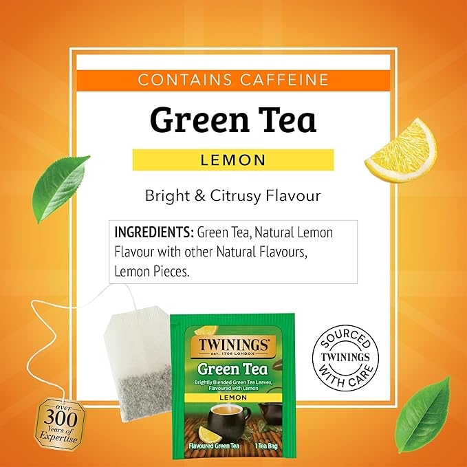 Twinings Green Tea with Lemon Individually Wrapped Bags, 20 Count (Pack of 6), Zesty Citrus Aroma & Flavour, Caffeinated, Enjoy Hot or Iced, 120 Teabags - Bloomnest