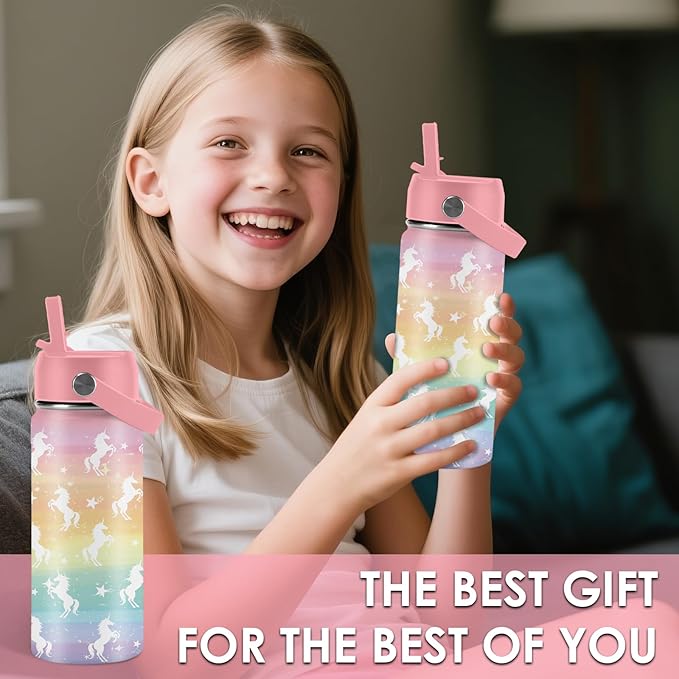 Unicorn Gifts 16 oz Water Bottle with Straw Lid, Stainless Steel Insulated Tumbler, Leak Proof, BPA - Free, Cute Rainbow Unicorn Pattern Mug for Birthday, Christmas, Daily Use, Travel (1pc) - Bloomnest