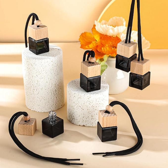 BBTO 50 Pcs Hanging Car Air Freshener Car Diffuser Bottles Empty Glass Perfume Bottle Freshener Diffuser Bottle Pendant for Essential Oil Fragrance Aromatherapy Bottle Ornament (Black,Cube) - Bloomnest