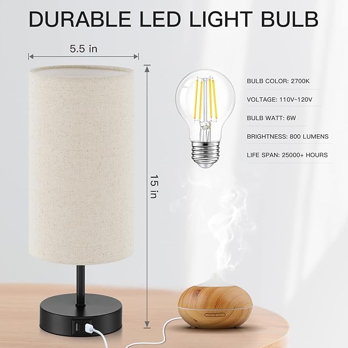 Touch Control Bedside Lamp with 2 USB Ports, 3-Way Dimmable Table lamp for Bedroom, Nightstand Lamp with Round Linen Fabric Shade for Living Room Home Office (E26 LED Bulb Included) - Bloomnest