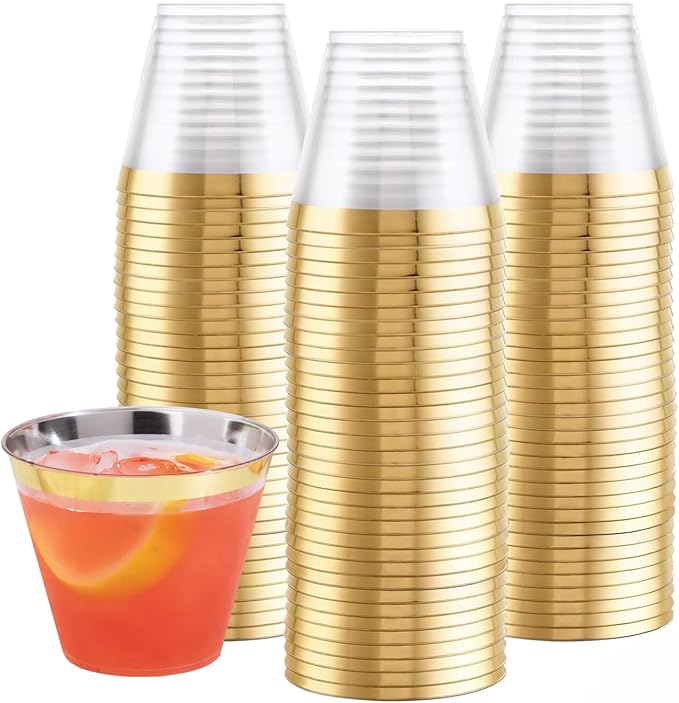 Prestee 100-Pack 9oz Gold Rimmed Plastic Cups Disposable Wine Glasses for Charcuterie, Weddings, Parties, and Events - Elegant Cocktail and Drinking Cups for Champagne, Martini, and Mocktails - Bloomnest