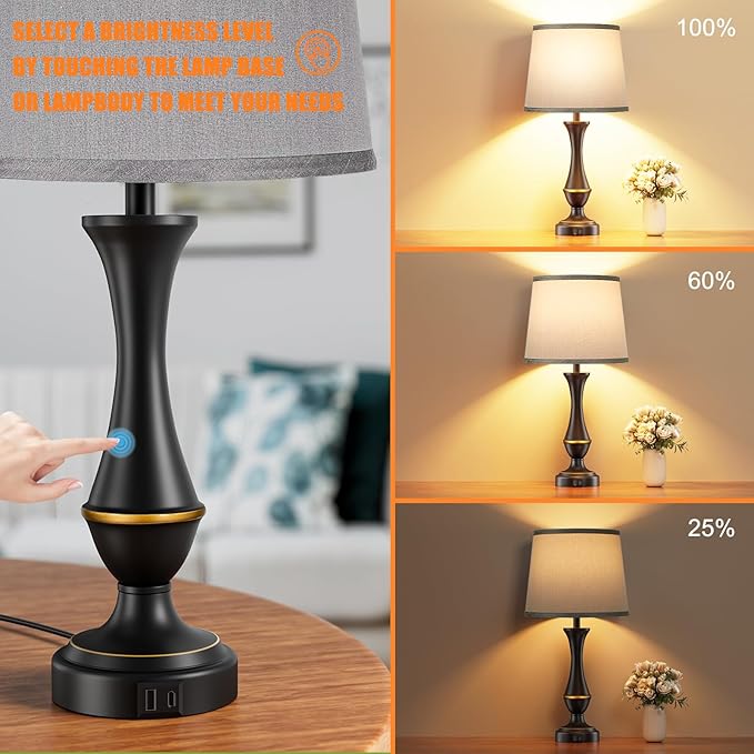 Seealle Upgraded Touch Lamps for Bedrooms Set of 2 - Nightstand Table Lamp with USB C+A, 3 Way Dimmable Lamps for Living Room(Grey) - Bloomnest