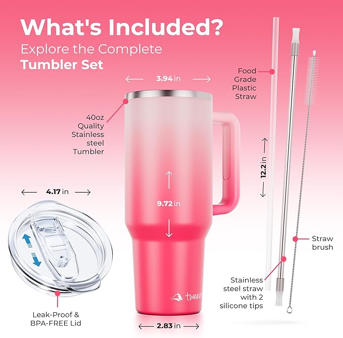 40 oz Tumbler With Handle and Straw Made of Stainless Steel - Double Wall Vacuum Insulated Tumbler With Lid - Sweat Proof Easy Grip, BPA-Free, Dishwasher Safe Tumbler (Misty Pink) - Bloomnest