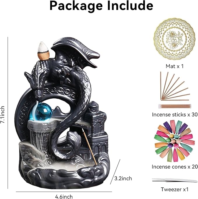 YYW Ceramic Backflow Incense Holder, Waterfall Incense Burner with 20 Backflow Incense Cones + 30 Incense Stick, Dragon Backflow Incense Burner for Aromatherapy Ornament Home Decor (Black) - Bloomnest