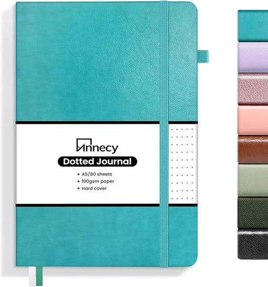 Annecy Numbered Bullet Dotted Journal Notebook, Medium 5.5x 8.25, 160 Pages 100GSM Writing Paper, A5 Turquoise Faux Leather Cover with Pen Loop - Bloomnest