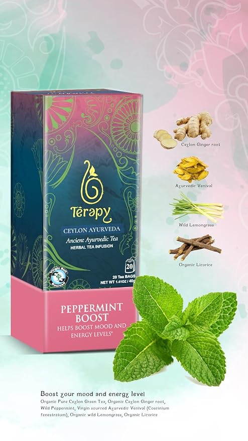 Térapy Ceylon Peppermint Tea | All Natural Herbal Ingredients | 100% Organic Peppermint Tea Bags Individually Wrapped | Eco-friendly & Unbleached Herbal Tea Bags | 20 Count - Bloomnest
