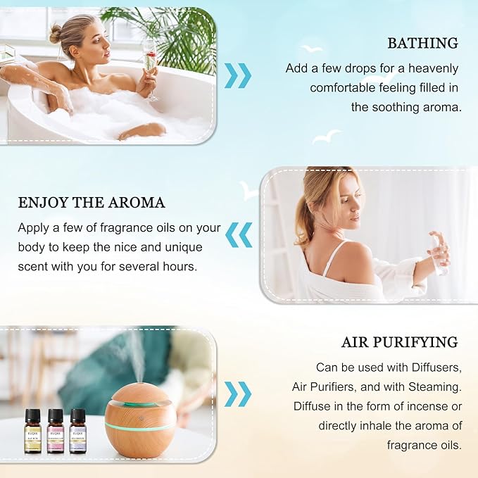 EUQEE Summer Fragrance Oil Gift Set of 6，Holiday Island Essential Oils Set for Humidifier, Aromarathepy-Pineapple, Coconut, Sea Breeze, Bubble Gum, Bay Rum, Marshmallow(10ml) EUQEE