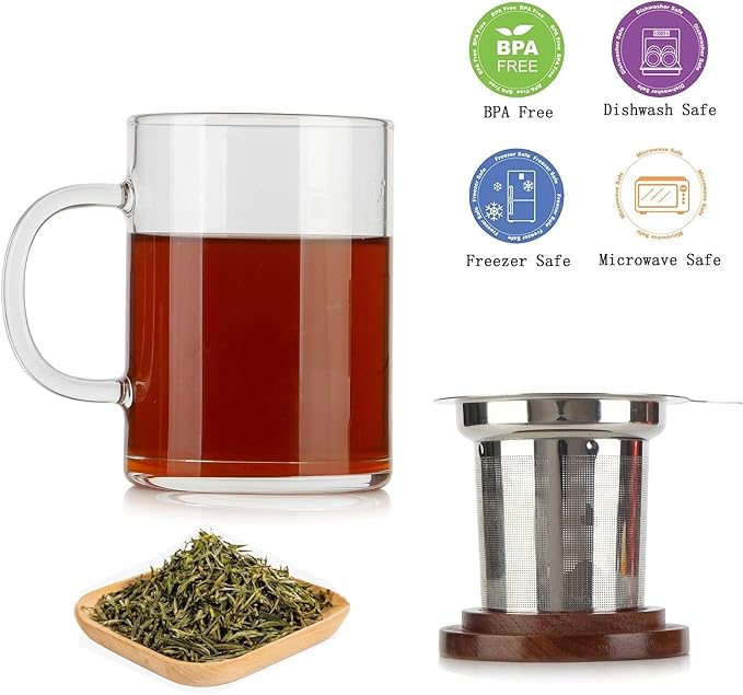 COMI Tea Cup with Infuser Walnut Lid&Handle, Glass Tea Cups with Wide Mouth Extra Large Capacity, Stainless Steel Tea Infuser Mug for Loose Leaf Tea Steeping(2PCS,14oz/400ml) - Bloomnest