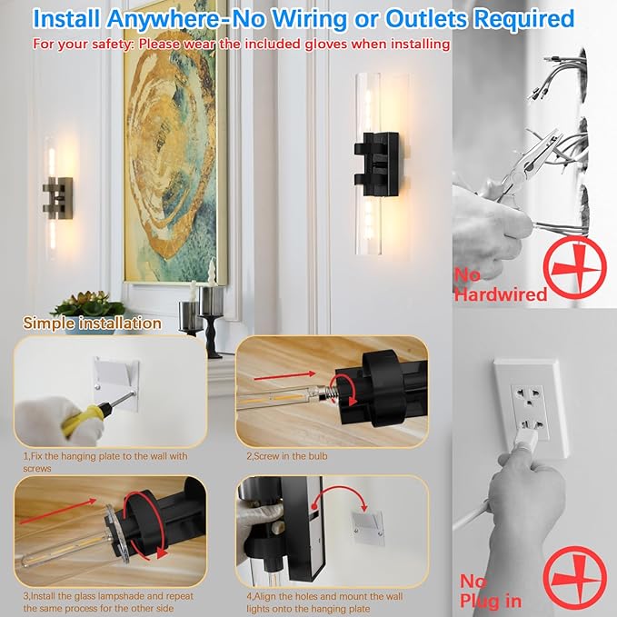 Rechargeable Wall Sconces Set of Two with Remote, Black Battery Operated Wall Sconce with Clear Glass, Sconces Wall Decor Set of 2 Wall Light Fixtures for Bedroom Bathroom Mirror Living Room - Bloomnest