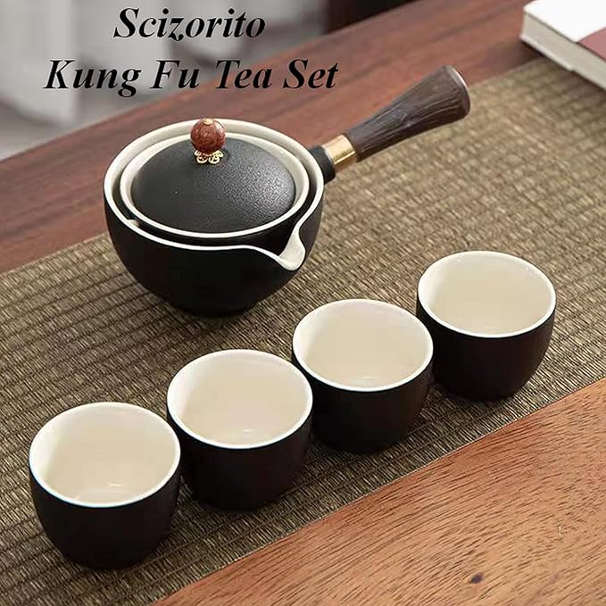 Ceramic Portable Travel Tea Set, Chinese Kungfu Tea Set with 360 Rotation Teapot and Infuser, 4 Tea Cups, Tea Tray And Travel Bag (Black)