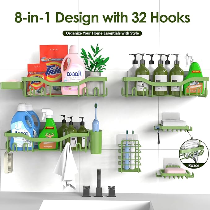 Shower Caddy Adhesive Shower Organizer 8-Pack, Rustproof Stainless Steel Bathroom Shelves, Large Capacity No-Drill Rack Storage Accessories with Soap Dish Toothbrush Holder Hooks - Bloomnest