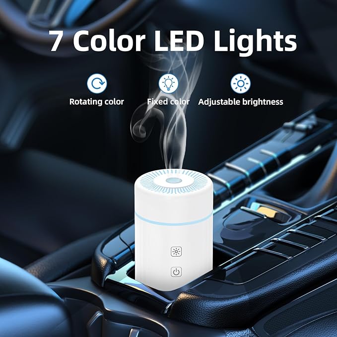 100ML Car Essential Oil Diffuser, Rechargeable Battery Powered, Cordless Portable Humidifier with 7 LED Color Changing Lights for Travel (White) - Bloomnest