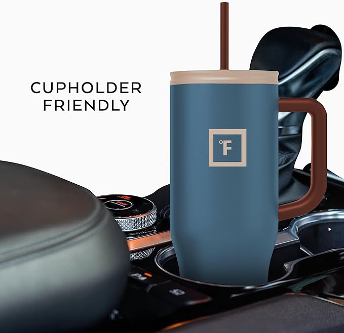 IRON °FLASK Co-Pilot Insulated Mug w/Boot, Straw & Flip Cap Lids - Cup Holder Bottle for Hot, Cold Drink - Leak-Proof - Water, Coffee Portable Travel Mug - Cream & Berries, 40 Oz - Bloomnest
