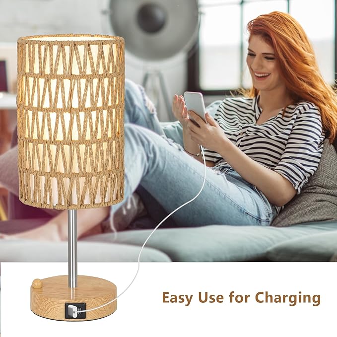 Boho Table Lamp for Bedroom with Bulb, Small Touch Control Table Lamp for Living Room with Rattan & Linen Shade, 3 Way Dimmable Bedside Lamp for Nightstand with USB Charging Port & Phone Stand - Bloomnest