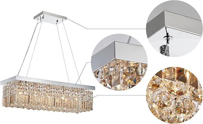 Saint Mossi 5-Lights Modern K9 Crystal Chandelier, Crystal Pendant Light Fixture, H9 x W10 x L31, Chain Adjustable Max 59“, Champagne Crystal & Chrome Finish - Bloomnest