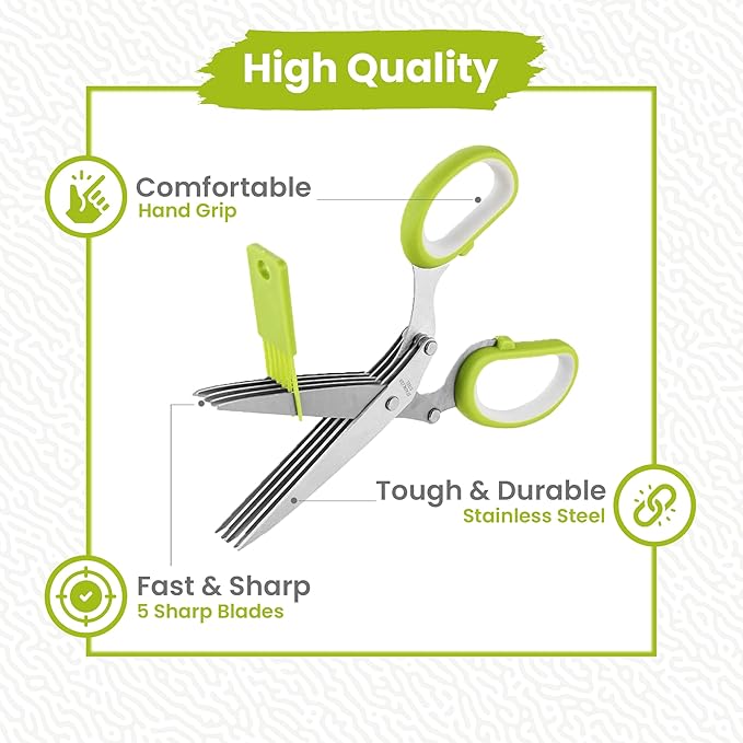 5-Blade Stainless Steel Herb Scissors Set with Vegetable Peeler, Shredder & Cleaning Comb – Multi-Use Herb Stripper for Chopping, Slicing, Shredding Kale and Fresh Herbs - Bloomnest