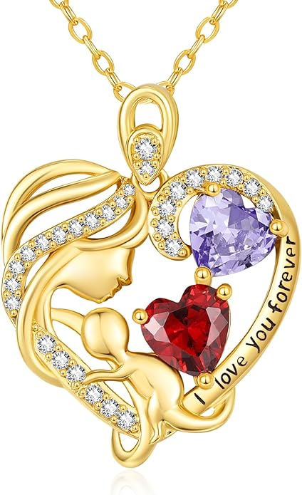 14K Gold Double Birthstone Heart Necklace for Women Mom, Mother Son/Daughter Pendant Necklace for Christmas Mother's Day Birthday Gifts for Wife Daughter Grandmom - Bloomnest