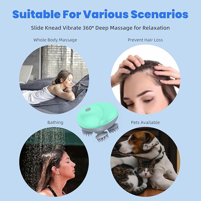 Electric Scalp Massager for Men Women, Handheld Cat Dog Pet Head Massager with 4 Massage Heads, 3 Speeds, Waterproof, for Hair Growth, Soothing Muscles Joints, Stress Relax(Green) Bloomnest