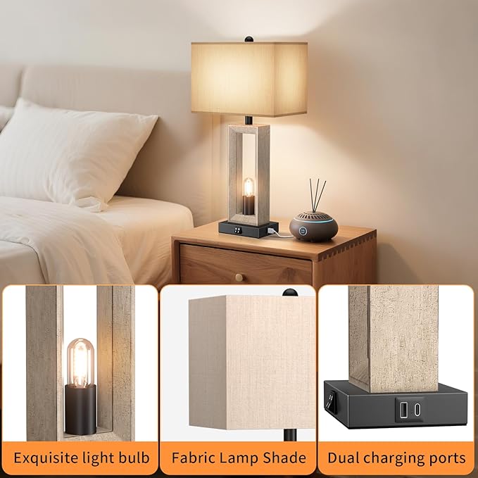 Set of 2 & 25" Retro Vintage Farmhouse Table Lamps for Living Room Bedroom Nightstands Decor Lamps with USB A+C Port , 3-way Dimmable Bedside Lamps included 4 LED Bulbs for End Table Entryway - Bloomnest