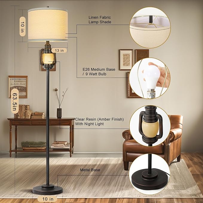 Floor Lamp for Living Room Vintage Standing Lamp with Linen Fabric Hardback Shade Industrial Tall Lamp With Night Light Decor for Living Room, Bedroom,Study, Home Office (Bulb Included) - Bloomnest