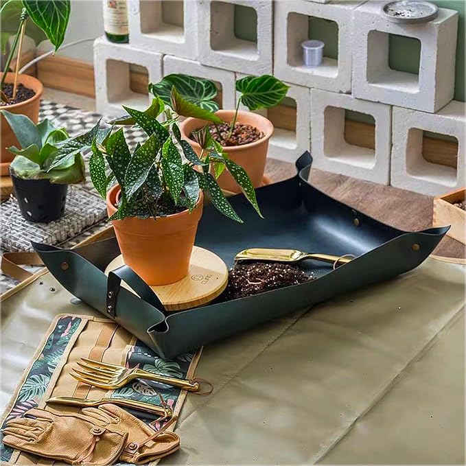 Thickened Leather Plant Repotting Mat, Indoor and Outdoor Potting Mat, 30" x 18" Foldable Tray with Mess Control (Dark Green) - Bloomnest