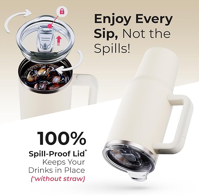 40 oz Tumbler With Handle and Straw Made of Stainless Steel - Double Wall Vacuum Insulated Tumbler With Lid - Sweat Proof Easy Grip, BPA-Free, Dishwasher Safe Tumbler (Cream) - Bloomnest