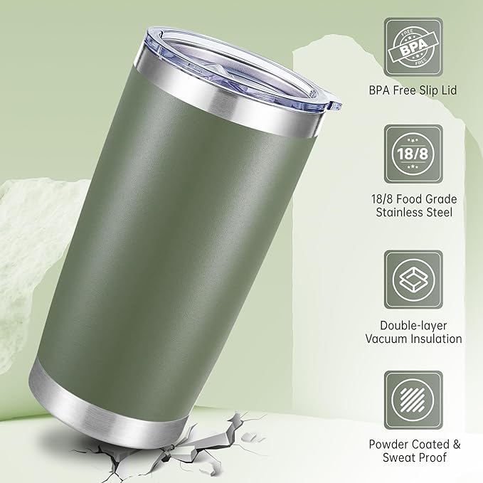 20 oz Tumbler Stainless Steel Tumblers with Lid Double Wall Vacuum Insulated Coffee Mug 20oz Powder Coated Cup for Hot and Cold Drinks, Army Green, 1 pack - Bloomnest