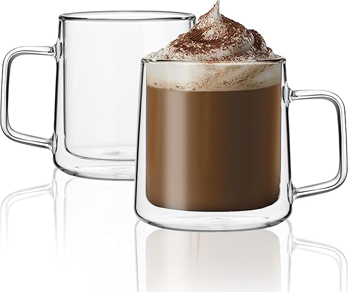 CNGLASS 12oz Glass Coffee Mugs,Double Wall Insulated Glass Cups with Handle,Clear Espresso Mugs for Latte,Cappuccino,Tea Bag,Set of 2 - Bloomnest