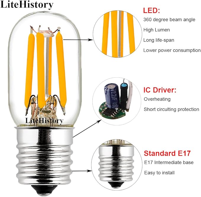 LiteHistory E17 led Bulb ETL 25w Appliance t7 led Bulb 250lm 2700K 2w Microwave Light Bulb 2Pack - Bloomnest