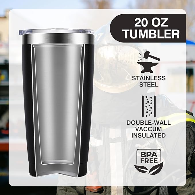Thin Red Line Firefighter Gifts for Men, Fireman, Fire Fighter Department Team Essentials Coffee Mug Cup - 20oz Insulated Stainless Steel Tumbler, Black - Bloomnest