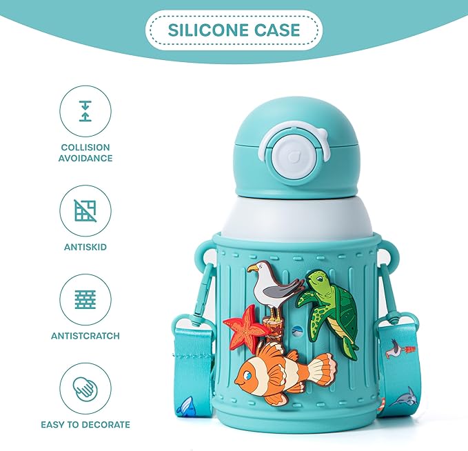 Kids Insulated Tumbler Set – 16oz Stainless Steel Water Bottle with Straw & Pour Lids, Screw-On Cup, Adjustable Strap, Silicone Sleeve & Charms – Leakproof BPA-Free Bottle for Boys & Girls - Bloomnest