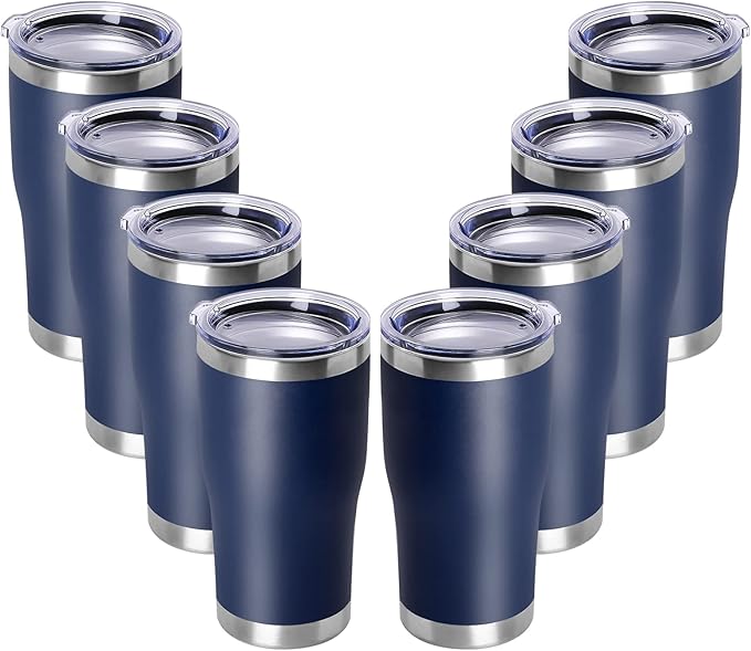 DOMICARE 20oz Tumbler with Lid Stainless Steel Tumblers Bulk, Double Wall Vacuum Insulated Coffee Travel Mug Powder Coated Tumbler, 8 Count (Pack of 1) Navy