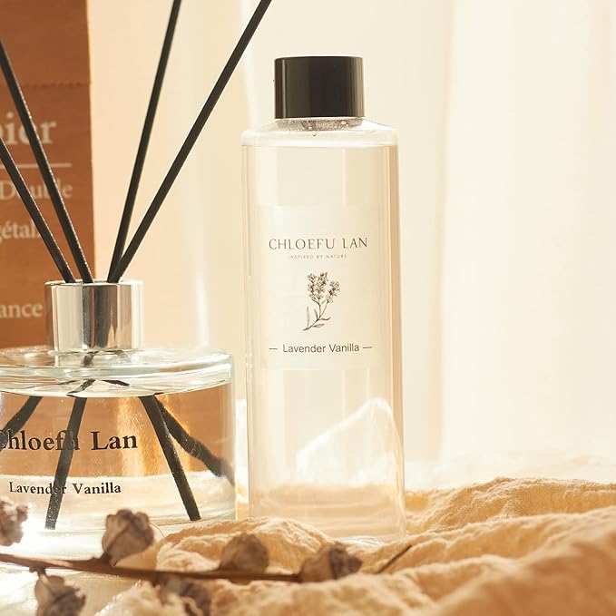 Chloefu LAN Lavender Reéd Diffuser Refill 200ml/6.76 fl oz Natural Essential Lavender Scented Oil - Best for Aromatherapy, SPA and Home, 0% Alcohol, Fresh & Long Lasting, Free Set of Diffuser Sticks - Bloomnest