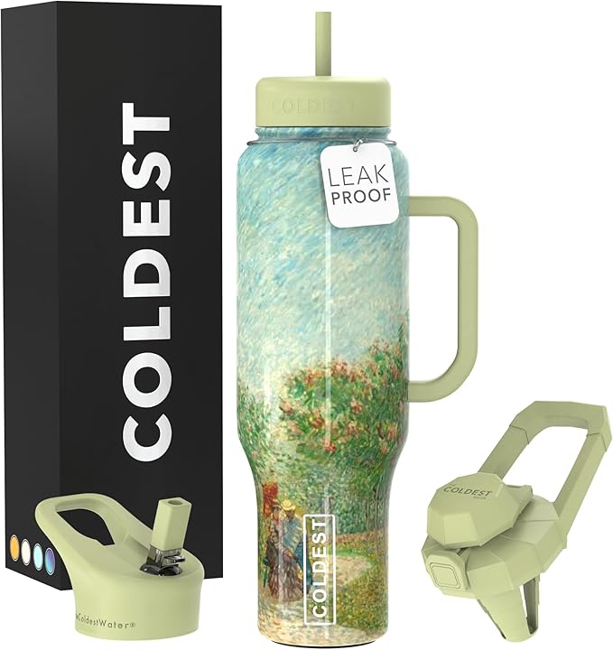 Coldest Tumbler with Handle and Straw, 100% Leak Proof Insulated Tumbler with Lid and Straw (3 Lids), Stainless Steel Tumblers for Women & Men, Cup Holder Friendly Base, 46 oz (Courting Couples) - Bloomnest