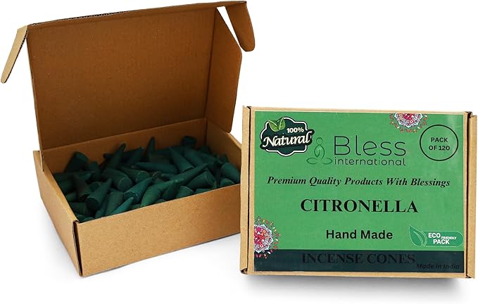 Bless International Citronella 100%-Natural-Incense-Cones Handmade-Hand-Dipped Organic-Chemicals-Free for-Purification-Relaxation-Positivity-Yoga-Meditation The-Best-scents (120 Count) BlessInternational