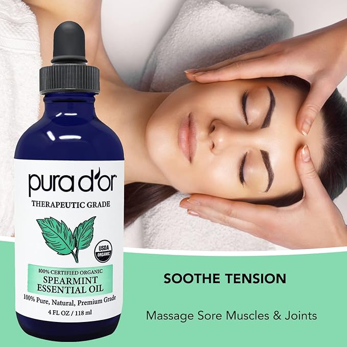 PURA D'OR Organic Spearmint Essential Oil (4oz with Glass Dropper) USDA Certified 100% Pure & Natural Therapeutic Grade Diffuser for Aromatherapy, Focus, Concentration, Mood Uplift - Bloomnest