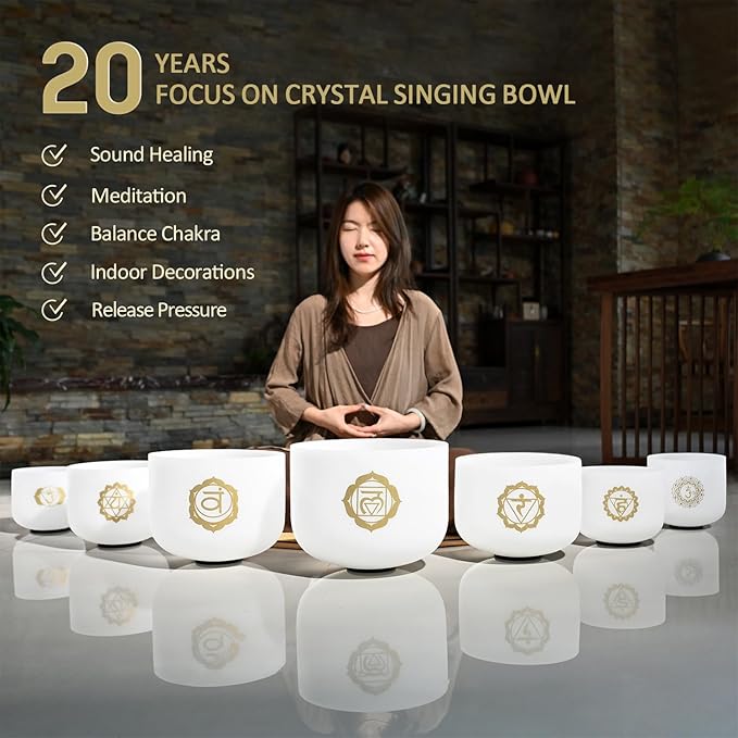 CVNC 432HZ 8-14 Inch Chakra Symbol Design Frosted Quartz Crystal Singing Bowl Set of 7 PCS with Grey Bags for Sound Healing and Meditation - Bloomnest