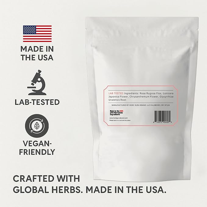 Herb Guru Floral Serenity Blend Herbal Tea, natural Herbal With Rose, Honeysuckle, Chrysanthemum, and Licorice Root, Herb Infusion & Relaxing Beverage, Includes 5 natural Tea Bags for Mindful Sipping