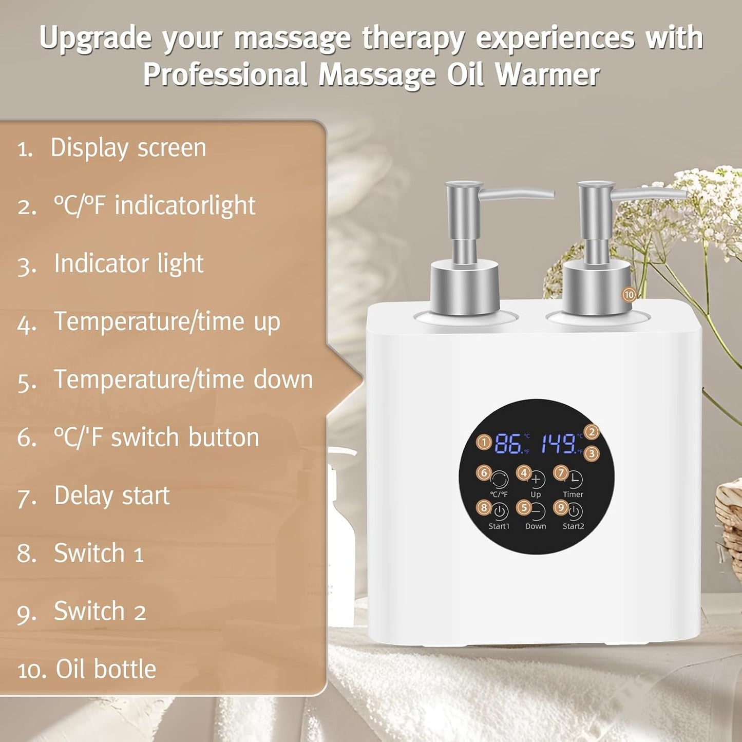 Meifuly Massage Oil Warmer for SPA, Body Oils Heater with 4 Bottles Dispenser, Professional Electric Lotion Digital Heater for Salon Home, Adjustable Constant Temperature
