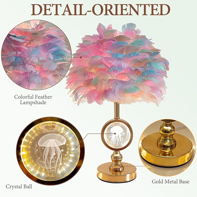 Colorful Feather Lamp Modern Crystal Table Lamp Fluffy Bedside Lamp Romantic Nightstand Light Cute Princess Desk Lamp for Teen Girl Wedding Deco Bedroom Living Room Entryway - Bloomnest