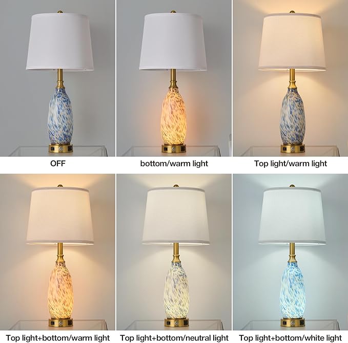 AIDENOEY 26" Modern Art Glass Table & Bedside Lamp, Stepless Dimmable Base + Dimmable 3-Color Light, USB A/C Charging Ports, Touch Control & Switch for Bedroom, Living Room, Office, Study - Bloomnest