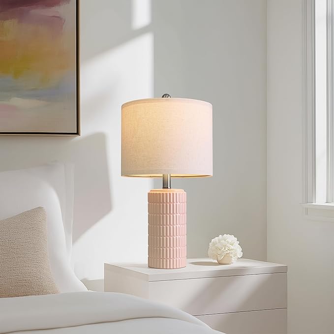 PoKat 20.75" Pink Ceramic Table Lamps Set of 2, Small Modern Bedroom Lamps for Girls Room, Bedside Lamps for Night Stands, Cute Lamps for Living Room Decor, Nightstands Desk Lamp, Light Pink - Bloomnest