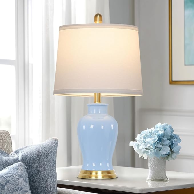 Blue Ceramic Table Lamps Set of 2, 23" Coastal Ceramic Lamps with Ginger Jar Design, Modern Bedside Lamp for Living Room End Table, Elegant Bedroom Lamp for Nightstand Desk Side Home Decor - Bloomnest