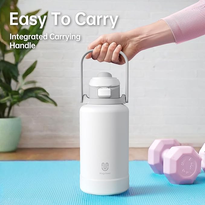 64oz Insulated Magnetic Water Bottle - Stainless Steel Vacuum Flask with MagSafe Compatible Phone Holder Keeps Drinks Cold for 24 Hours Water Jug for Gym and Outdoor Activities（White) Magcheer